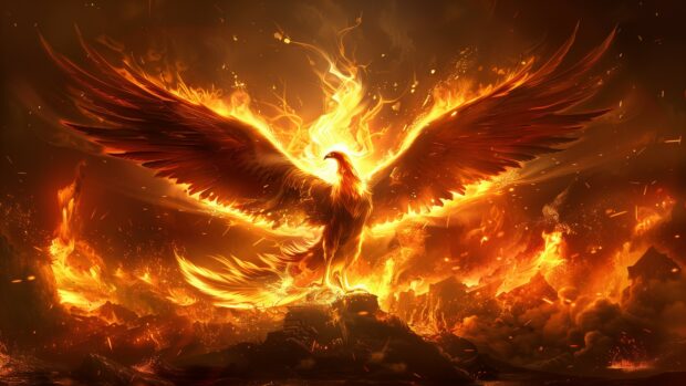 4K Fire Wallpaper for desktop with a phoenix rising from the flames, with wings spread wide and glowing feathers.