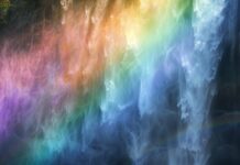 4K HD Wallpaper with a rainbow over a waterfall, with mist and sunlight creating a magical atmosphere.