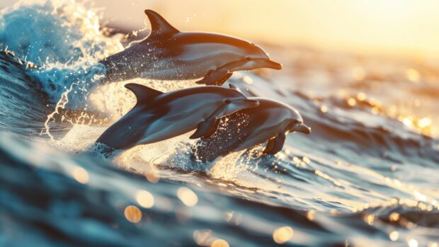 4K Sea animal with the elegance of a dolphin pod leaping joyfully through the waves, their sleek bodies glistening in the sunlightt.