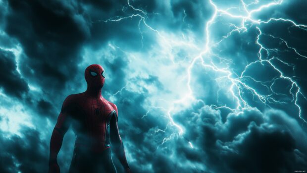 4K desktop wallpaper with Spiderman is facing a fierce storm, with lightning illuminating the sky.