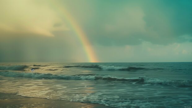 4K desktop wallpaper with a rainbow over a calm ocean, with gentle waves and a distant horizon.