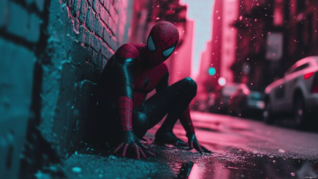 4K spiderman desktop wallpaper with Spiderman crawling on a wall with the reflection of the city in his eyes.