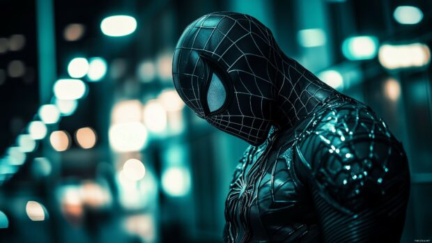 4K spiderman wallpaper with Spiderman in a stealth suit, blending into the shadows of a city night.