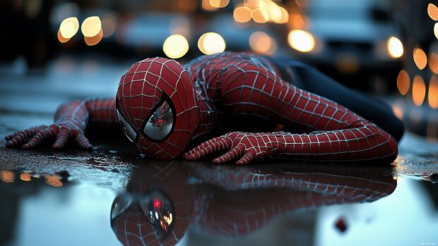 4K wallpaper with Spiderman crawling on a wall with the reflection of the city in his eyes.