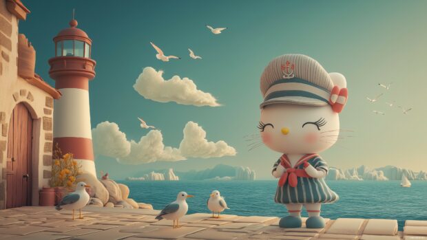 4K wallpaper with a Hello Kitty dressed in a cute sailor outfit, standing by the seaside with a lighthouse and seagulls in the background.