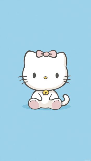 4K wallpaper with a cute Hello Kitty sitting down with a small smile, centered on a light blue background with no other details.