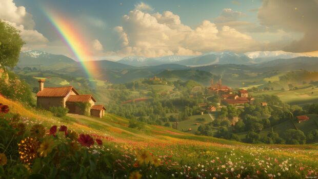 4K wallpaper with a rainbow over a rustic countryside scene, with rolling hills and a small farmhouse.