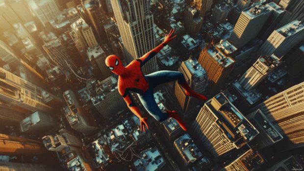 4k background with Spiderman swinging through a forest of skyscrapers, leaving a trail of webbing.