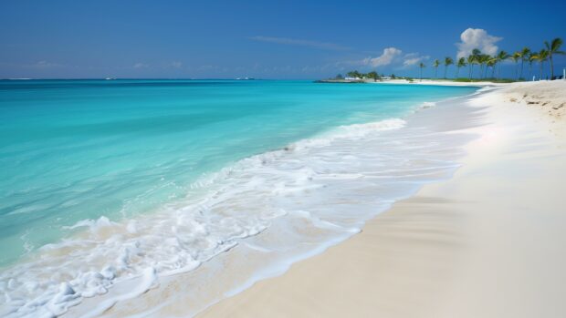 A Bahamas Beach 4K Desktop Wallpaper with powdery white sand and turquoise waters, surrounded by palm trees.