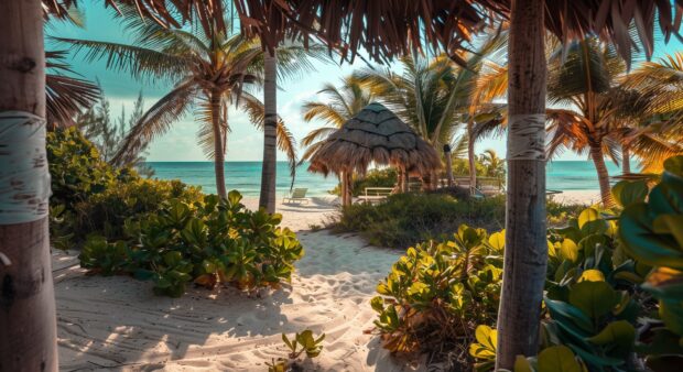 A Bahamas Beach Palm trees wallpaper with swaying palm trees and a thatched roof cabana, the ocean sparkling in the sunlight.