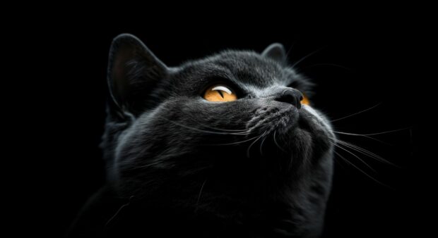 A British Shorthair black cat 2K QHD wallpaper.