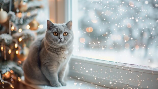 A British Shorthair cat sitting on a window sill, with a beautifully decorated Christmas tree and snow falling outside.