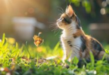 A Calico cat playing with a butterfly in a sun drenched garden, 4K Wallpaper for Desktop.