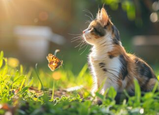 A Calico cat playing with a butterfly in a sun drenched garden, 4K Wallpaper for Desktop.