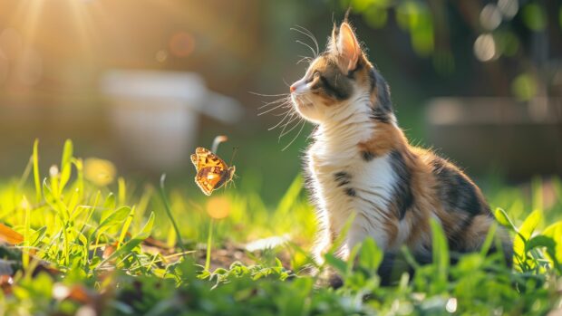 A Calico cat playing with a butterfly in a sun drenched garden, 4K Wallpaper for Desktop.