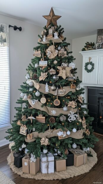 A Christmas tree adorned with rustic wooden ornaments and burlap garlands, iPhone Wallpaper .