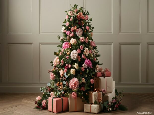 A Christmas tree decorated with flowers and natural elements.