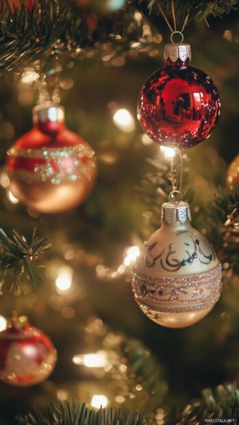 A Christmas tree decorated with vintage ornaments and tinsel.