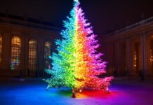 A Christmas tree with rainbow colored lights and decorations.