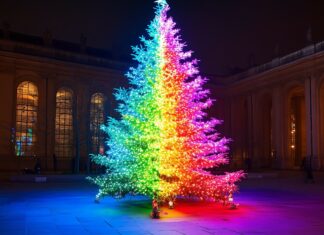 A Christmas tree with rainbow colored lights and decorations.