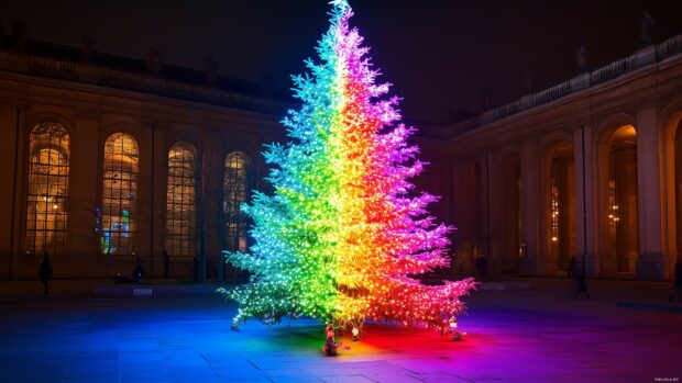 A Christmas tree with rainbow colored lights and decorations.