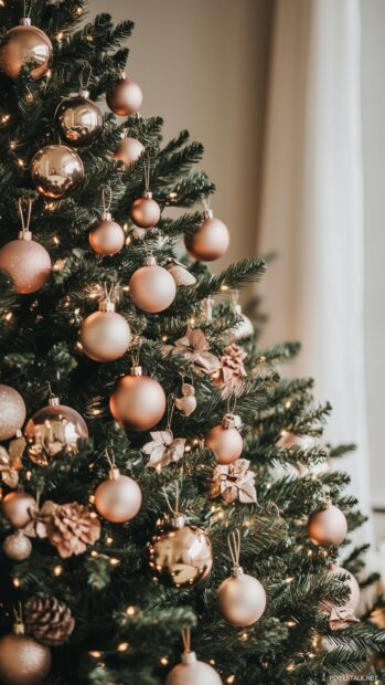 A Christmas tree with rose gold and blush pink ornaments.