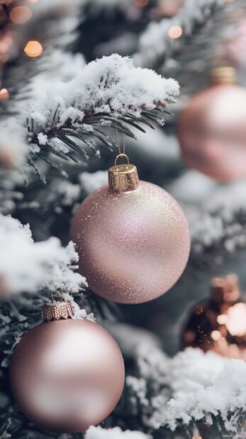 A Christmas tree with rose gold and blush pink ornaments, iPhone background.