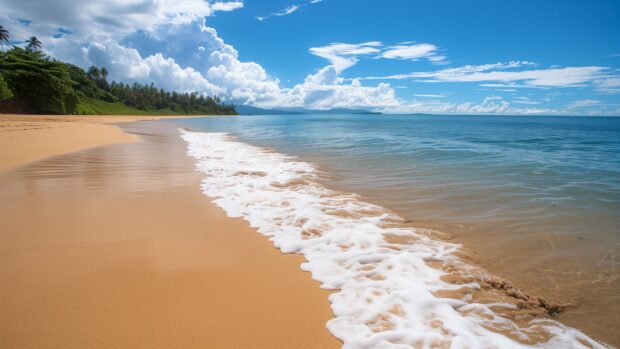 A Fiji beach Wallpaper 4K with smooth, white sand and gentle waves lapping the shore.