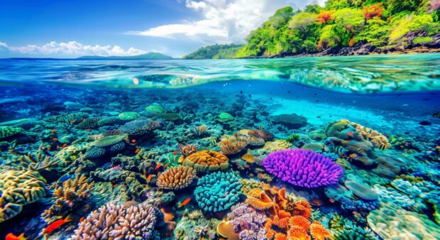 A Fiji beach background with colorful coral reefs visible in the shallow waters, surrounded by tropical vegetation.