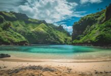 A Fiji beach cove with clear blue waters and a backdrop of lush, green mountains background.