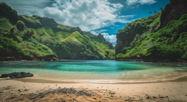 A Fiji beach cove with clear blue waters and a backdrop of lush, green mountains background.