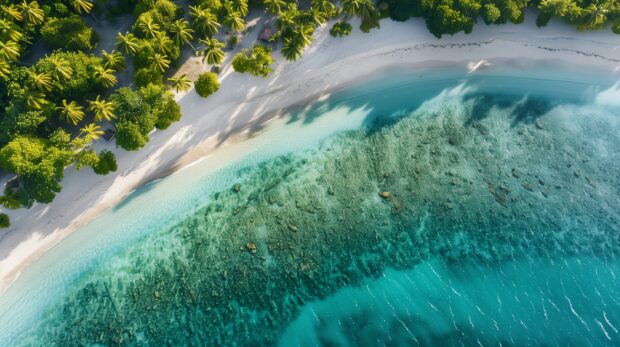 A Fiji beach desktop background with crystal clear turquoise waters and white sand, surrounded by lush palm trees.