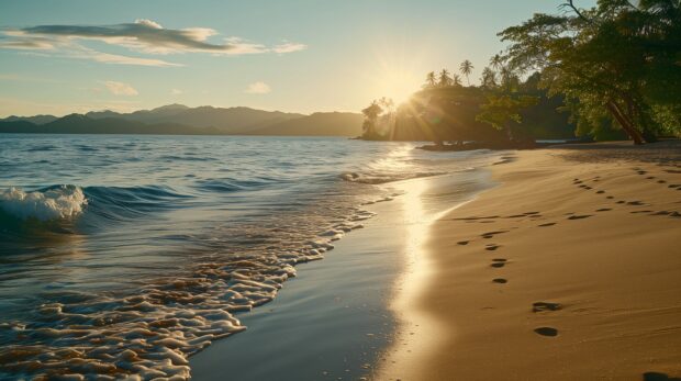 A Fiji beach wallpaper with gentle waves and golden sand, the sun setting behind distant islands.