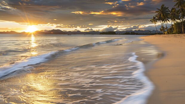 A Fiji beach with gentle waves and golden sand, the sun setting behind distant islands.