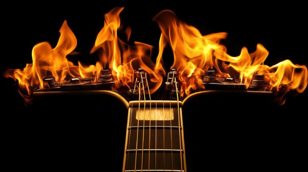 A Guitar neck and headstock with flames dancing along the strings, set against a deep black background.