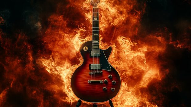 A Guitar resting on a stand, with flames curling around its body, Fire Guitar HD Wallpaper.