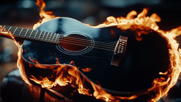 A Guitar with flames curling around its body, creating an intense and energetic atmosphere.