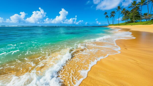 A Hawaii beach 4K Wallpaper with golden sand and crystal clear turquoise waters, lush palm trees in the background.