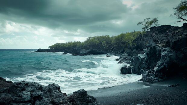 A Hawaii beach with volcanic black sand and rugged cliffs, the ocean crashing against the shore.