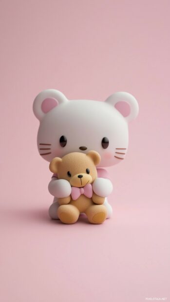 A Kawaii Hello Kitty holding her favorite teddy bear, centered on a pale pink background.