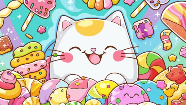 A Kawaii cat character surrounded by colorful candies and sweets, 4K desktop wallpaper.