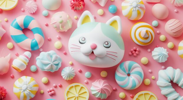 A Kawaii cat character surrounded by colorful candies and sweets.