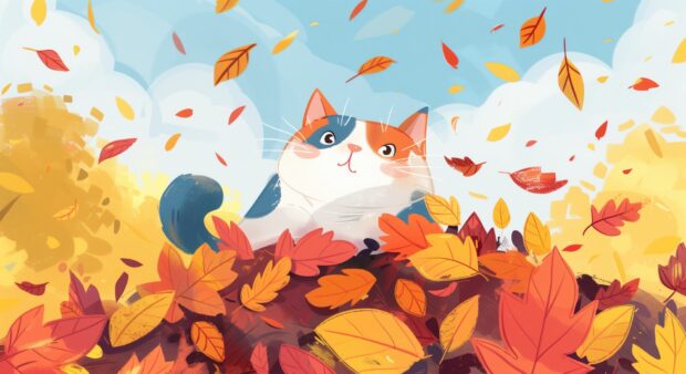 A Kawaii cat playing in a pile of autumn leaves, with a joyful expression and vibrant fall colors.