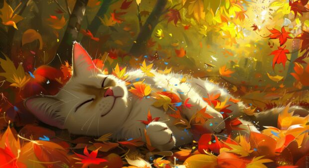 A Kawaii cat playing in a pile of autumn leaves, with a joyful expression and vibrant fall colors.