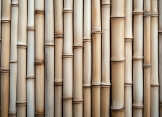 A bamboo wood wallpaper with a light, natural color and vertical lines.