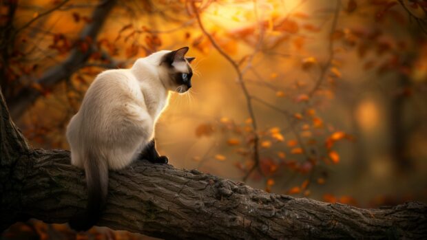 A beautiful Siamese cat perched on a tree branch, with the setting sun casting a golden glow.