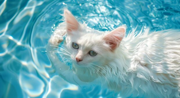 A beautiful Turkish Van cat swimming gracefully in a clear blue pool, its wet fur glistening in the sunlight.