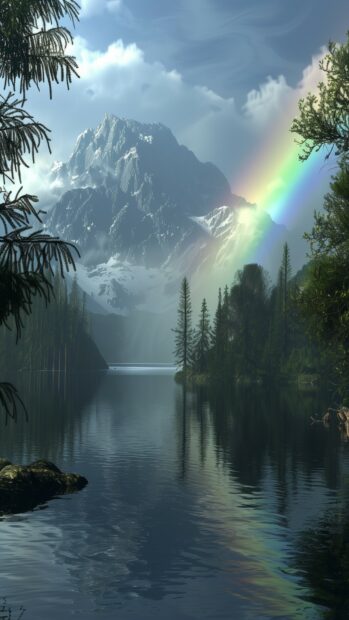 A beautiful rainbow over a serene mountain lake.