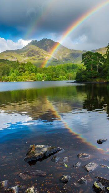 A beautiful rainbow over a serene mountain lake, with reflections on the calm water surface.