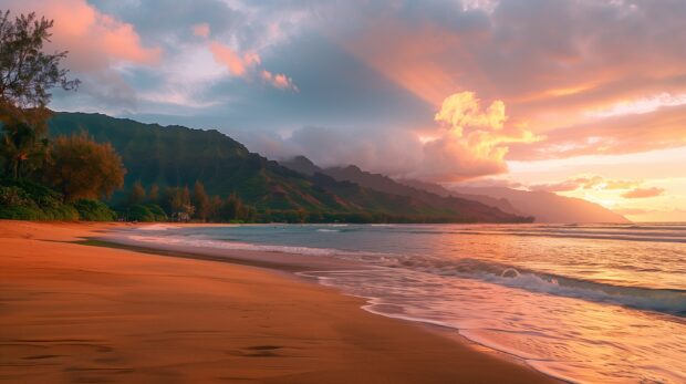 A beautiful sunset at Hawaii beach with vibrant orange and pink skies reflecting on the ocean.